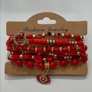 Red and Gold Beaded Evil Eye Protection Bracelet Set 6 pc pack New